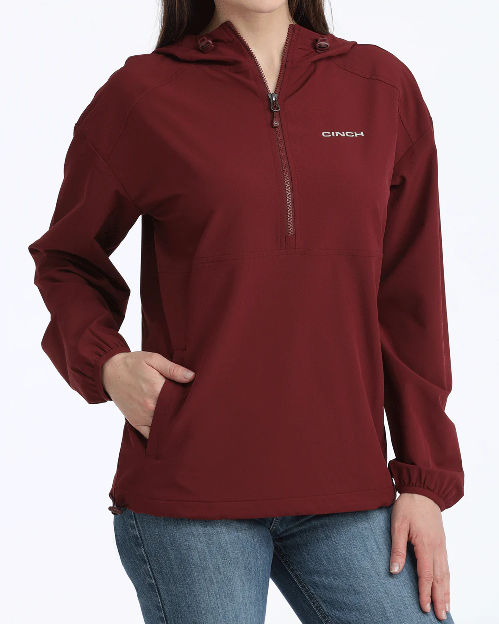 ladies burgundy pullover windbreaker