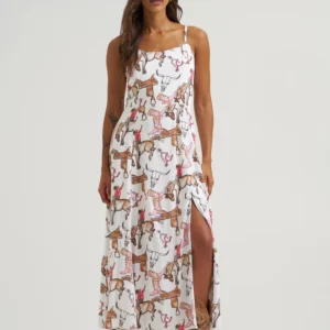 White Bronco Rider Western Print Spaghetti Strap Maxi Dress 112379527