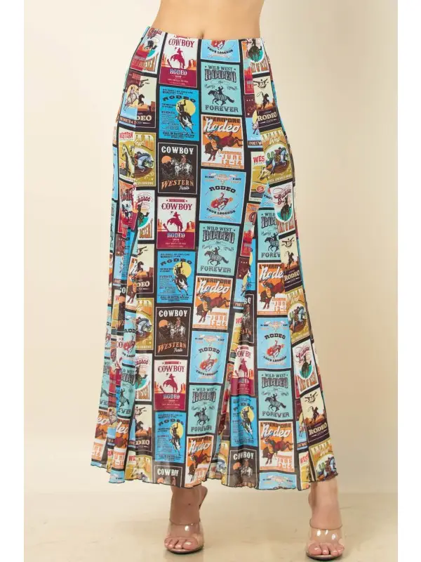 Vintage Western Print Maxi Mesh Skirt