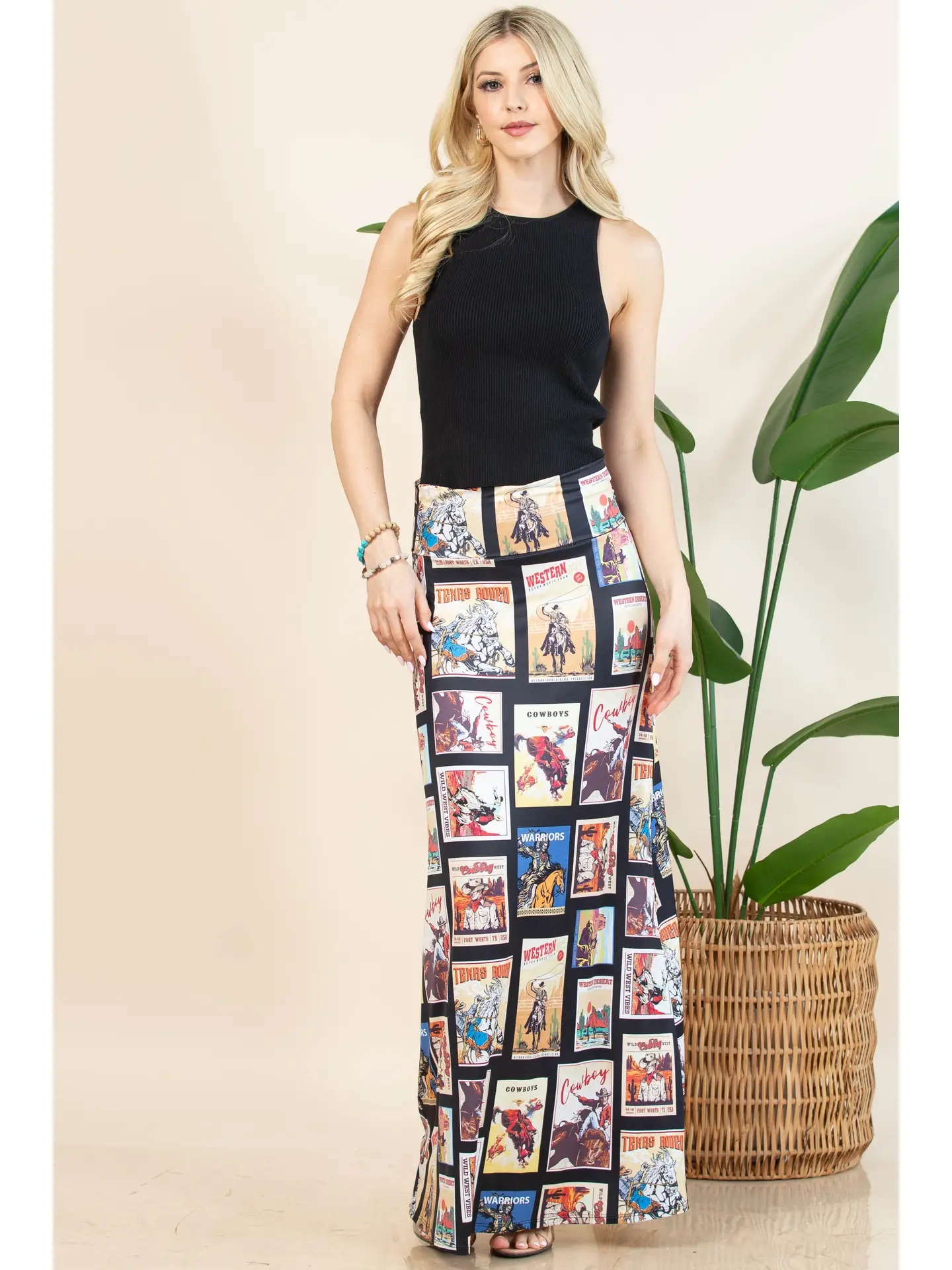 Vintage Western Print Knit Full Skirt