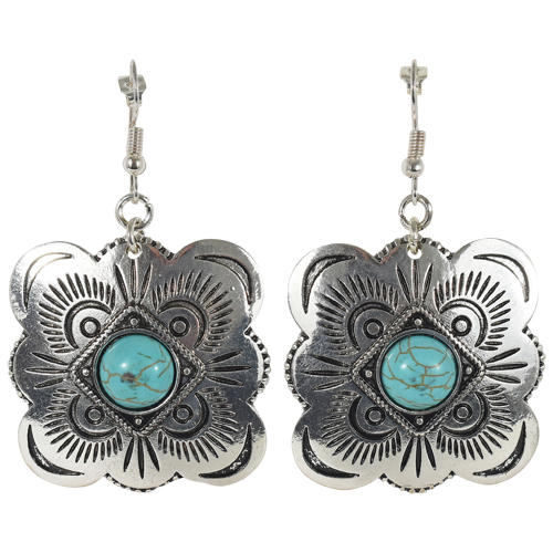 JUSTIN EARRINGS SILVER CONCHO W/TURQUOISE COLORED STONE