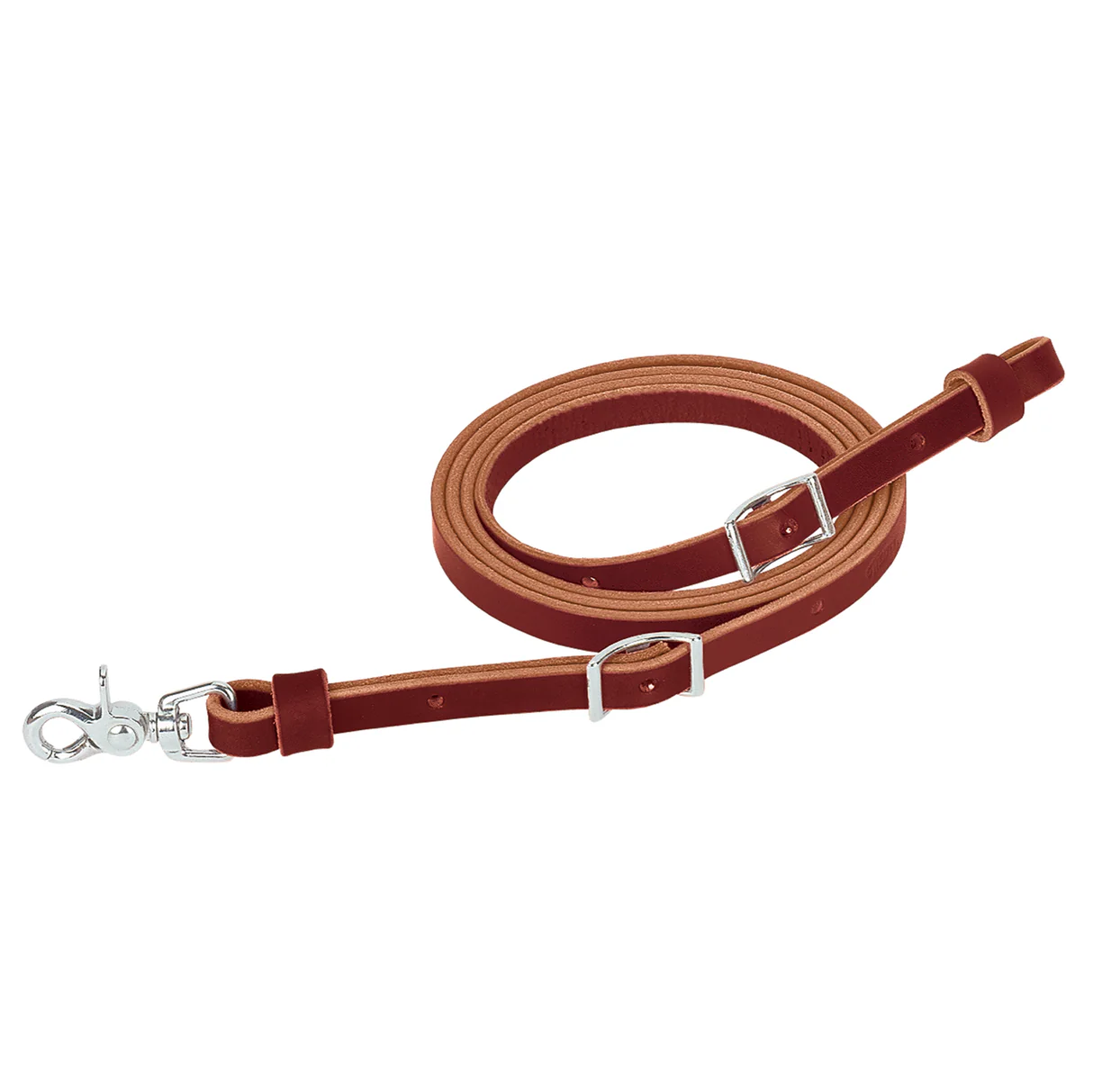 Made from soft, supple burgundy latigo leather, this single-ply rein feels great in your hands. Features a durable nickel plated scissor snap and conway adjustments. Measures 5/8" x 7.