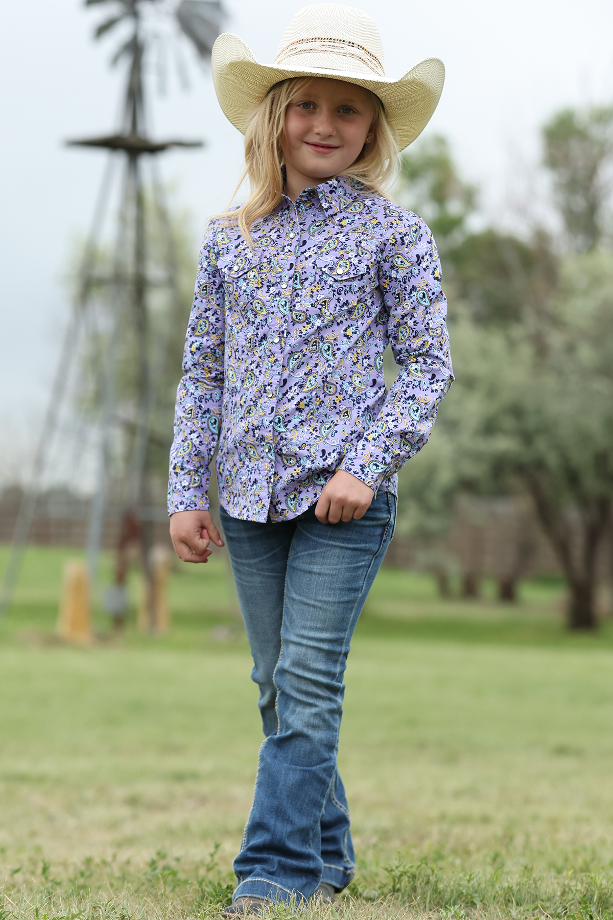 girls long sleeve paisley print snap western shirt