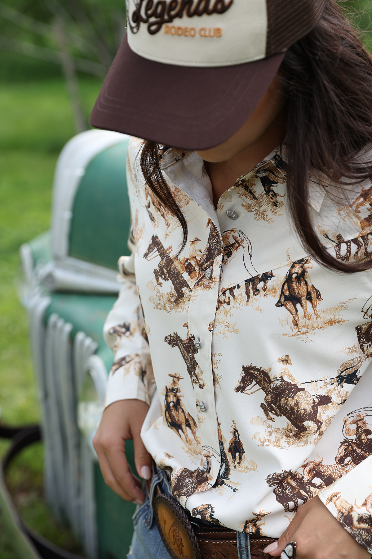 curel giel cream with brown western print shirt