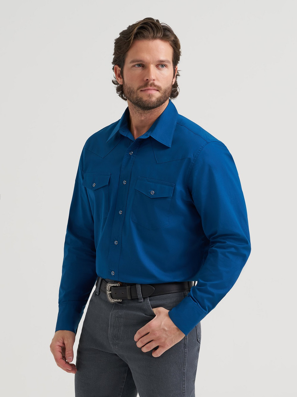 SOLID BLUE SNAP LONG SLEEVE SHIRT
