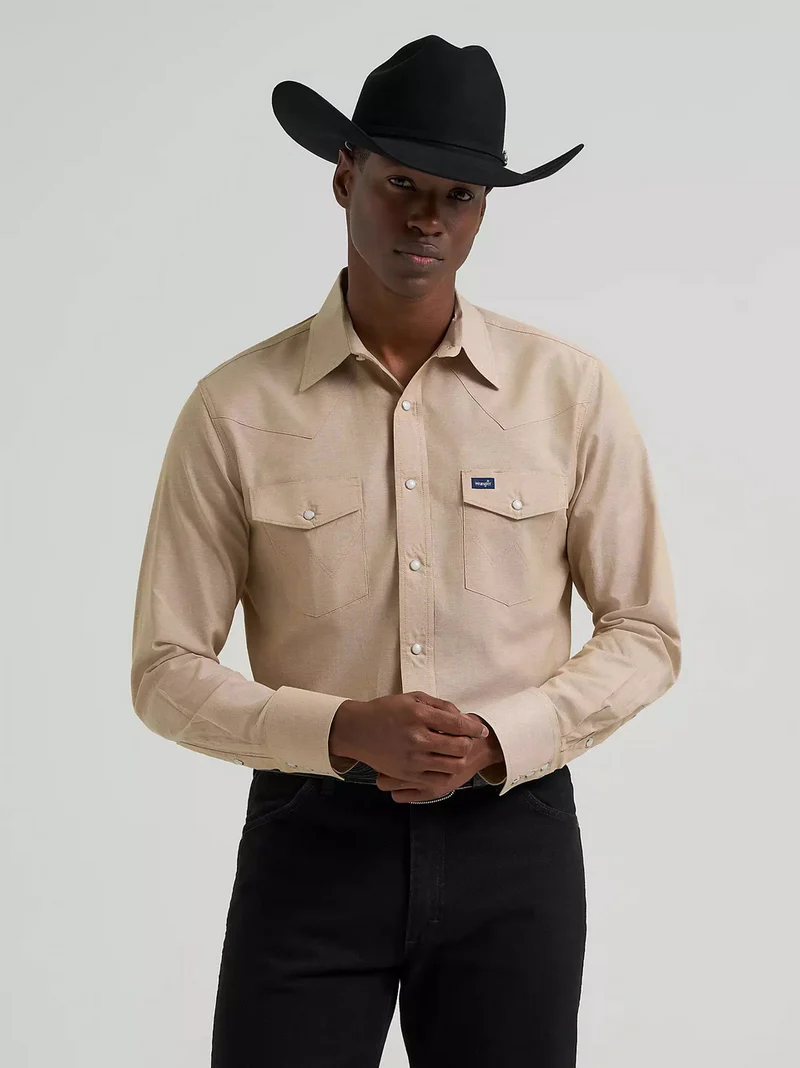 Wrangler® Western Chambray Long Sleeve Workshirt - Classic Fit - Chambray Khaki - 112381688 - Image 2